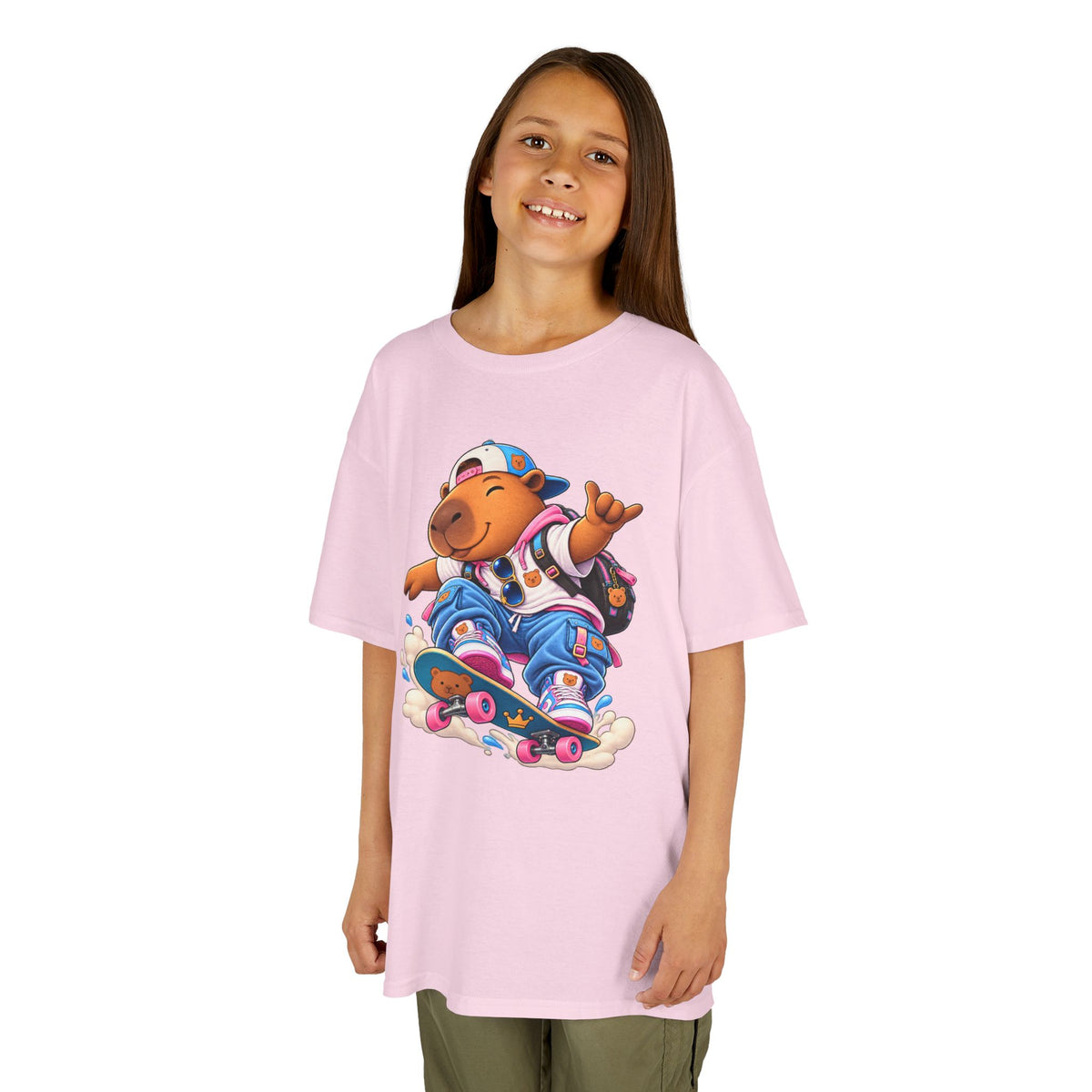 Kids Skateboarding Capybara Tee — Cute Skateboarder Graphic T-Shirt for Boys & Girls