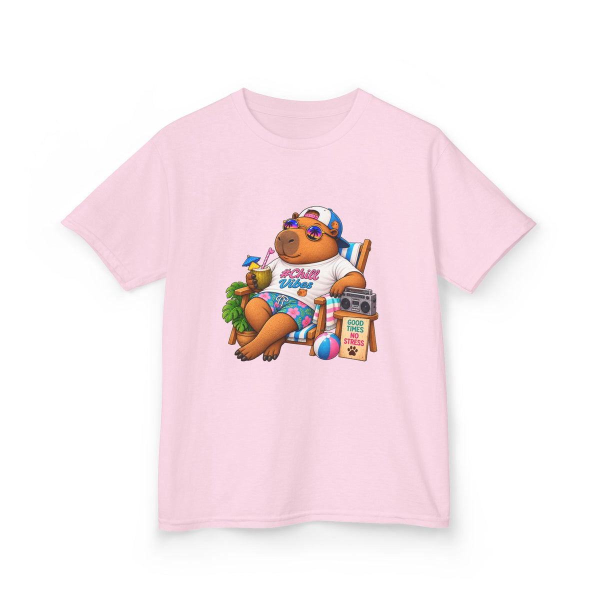 Kids Beach Chill Vibes Capybara Graphic Tee — Relaxing Vacation Cartoon Kid Shirt