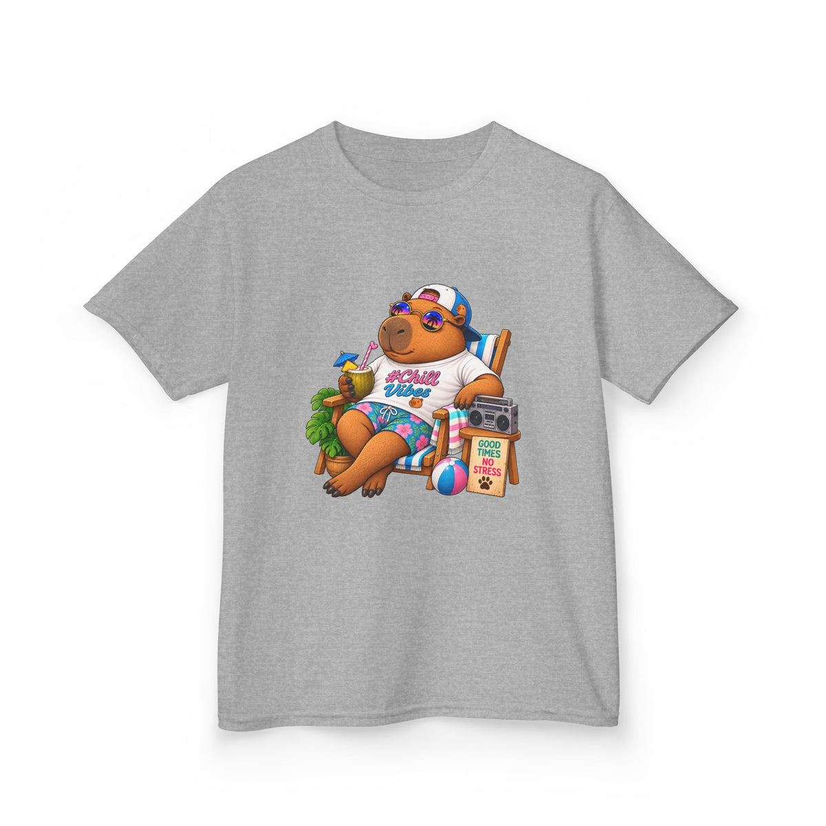 Kids Beach Chill Vibes Capybara Graphic Tee — Relaxing Vacation Cartoon Kid Shirt