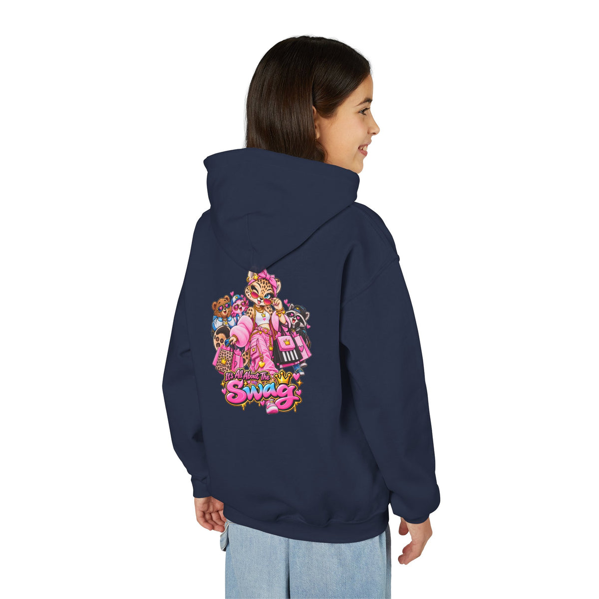 Youth Hoodie — Pink 'Swag' Cartoon Animal Squad Graphic