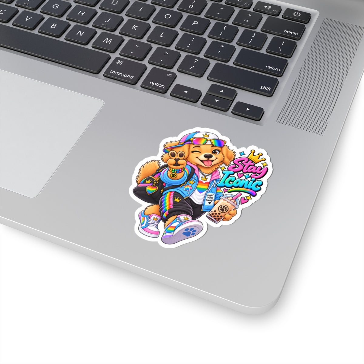 Cute Rainbow Dog Sticker — 'Good Vibes' Kiss-Cut Vinyl Laptop Decal