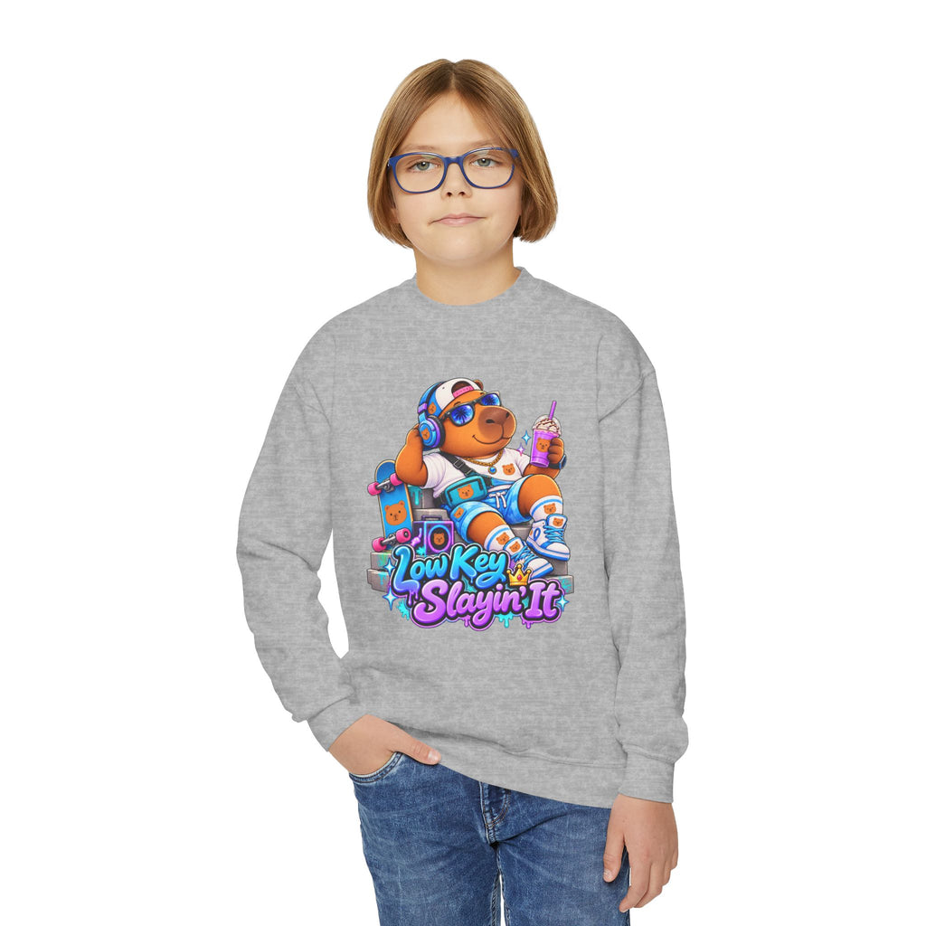 Youth Crewneck Sweatshirt — 'Low Key Slayin' It' Chill Capybara Lounge Pullover