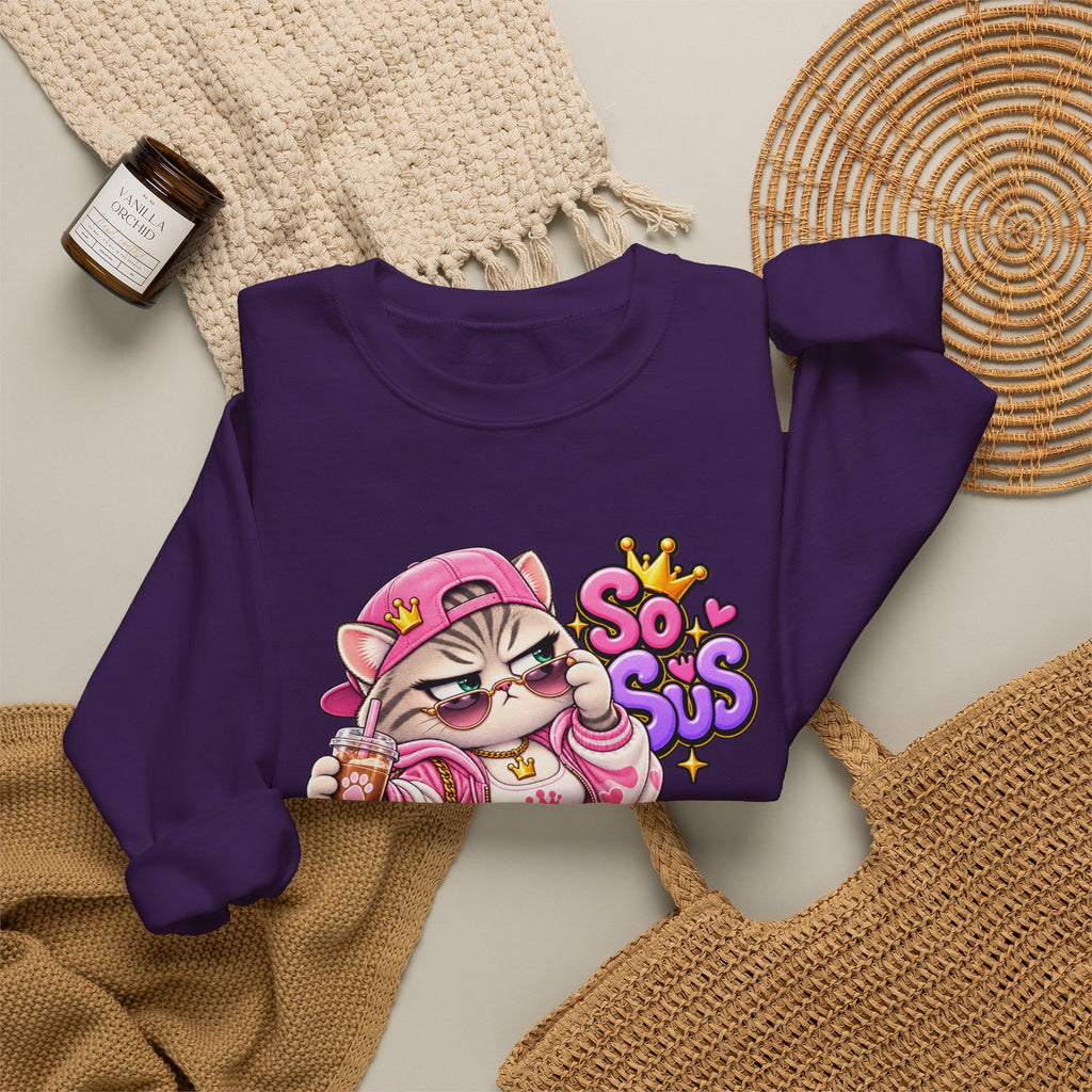 Cute Streetwear Cat Crewneck Sweatshirt — "So Sus" Graphic