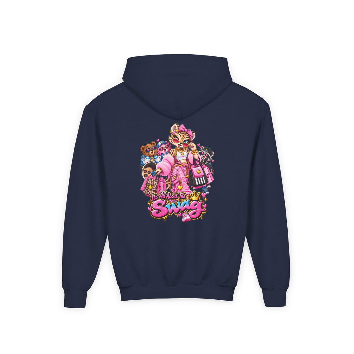 Youth Hoodie — Pink 'Swag' Cartoon Animal Squad Graphic