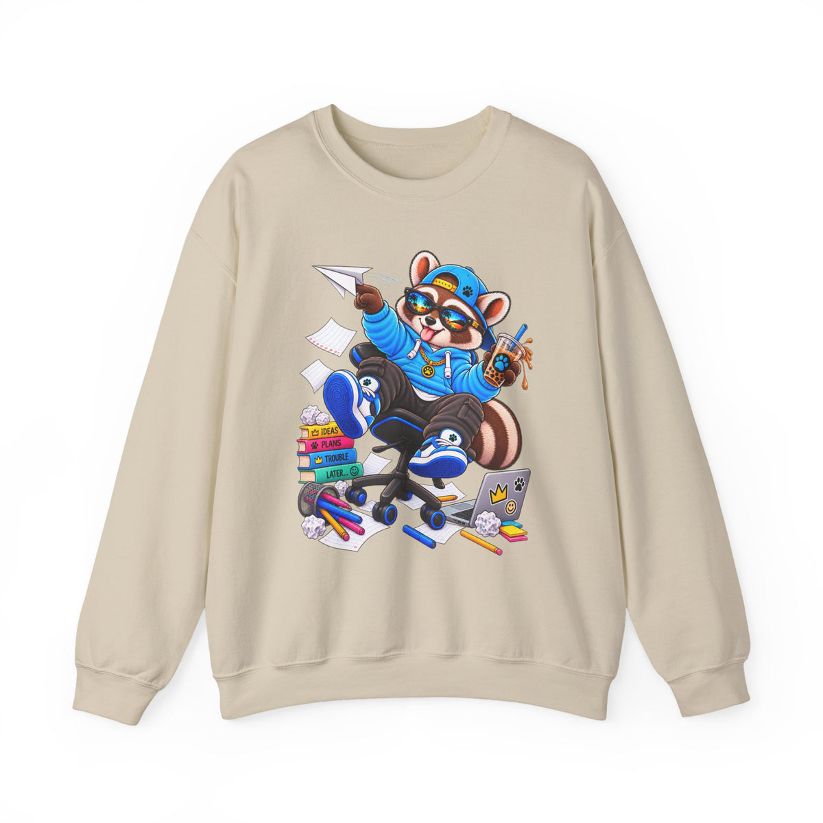 Mischievous Raccoon Crewneck Sweatshirt — Cute Kawaii Cartoon Graphic