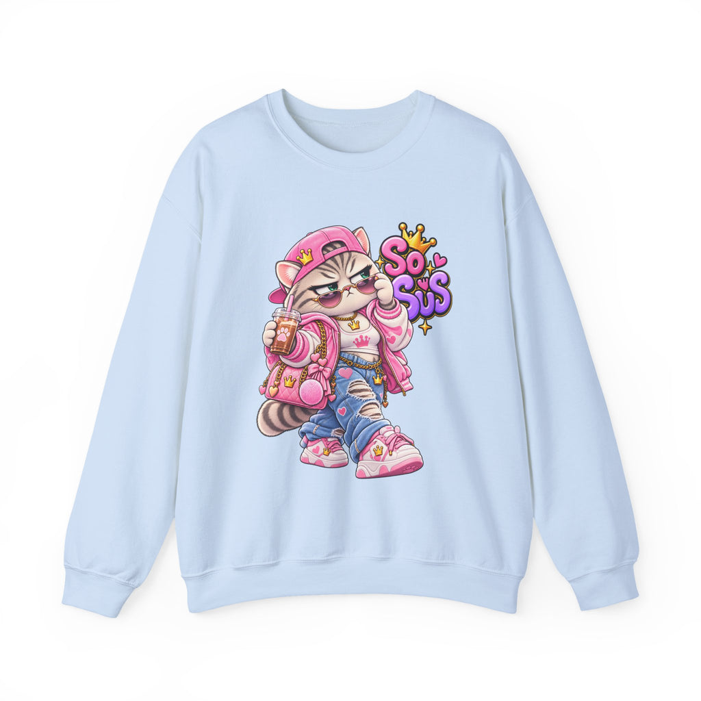 Cute Streetwear Cat Crewneck Sweatshirt — "So Sus" Graphic