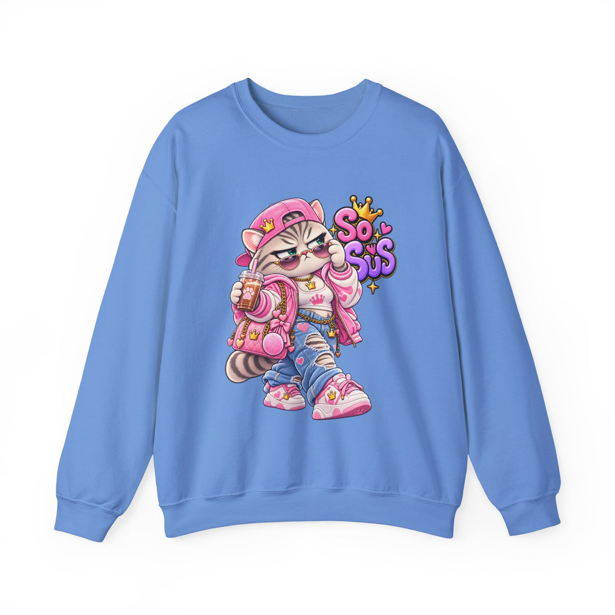 Cute Streetwear Cat Crewneck Sweatshirt — "So Sus" Graphic
