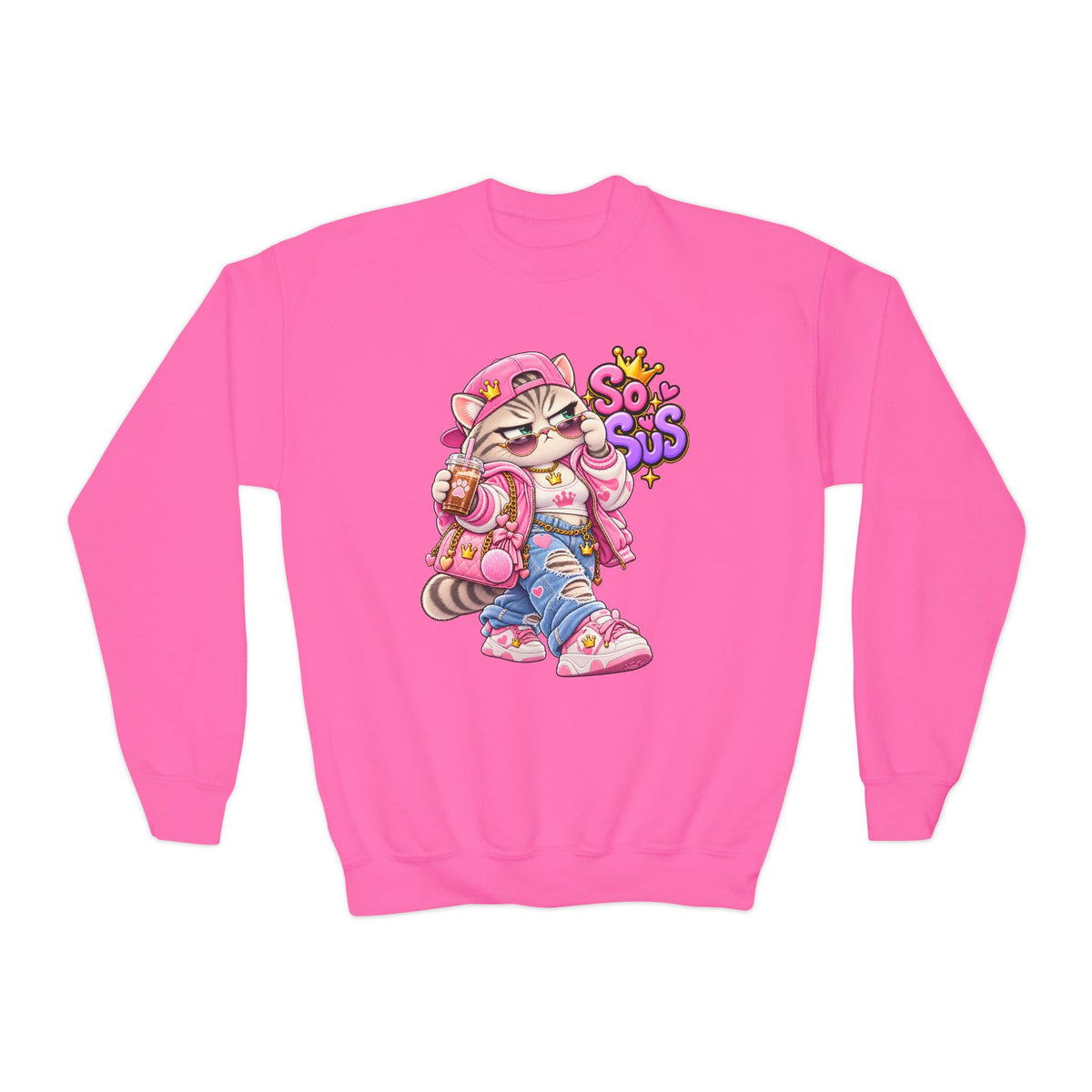 Youth Crewneck Sweatshirt — Cute Cat 'So Sus' Streetwear Graphic