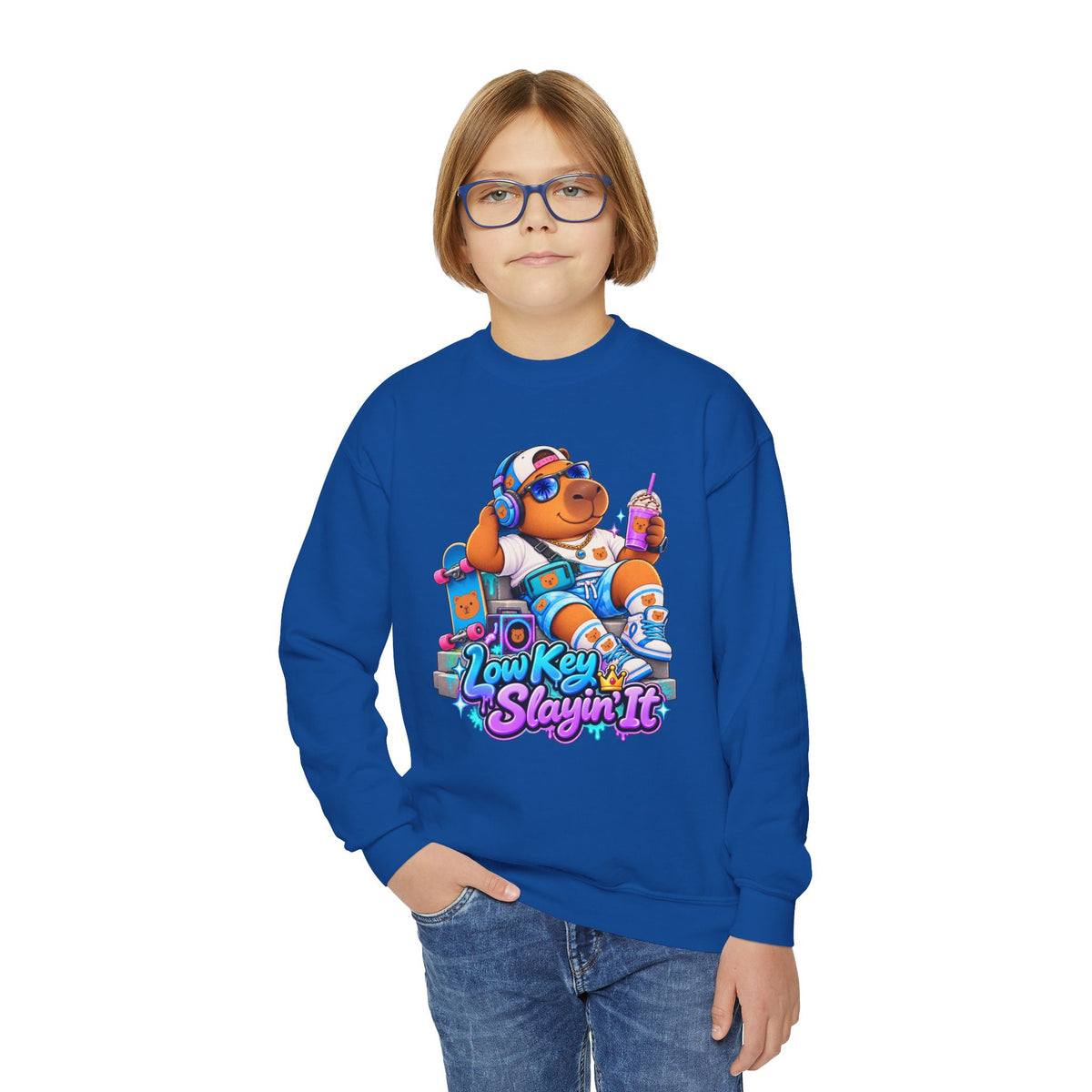 Youth Crewneck Sweatshirt — 'Low Key Slayin' It' Chill Capybara Lounge Pullover