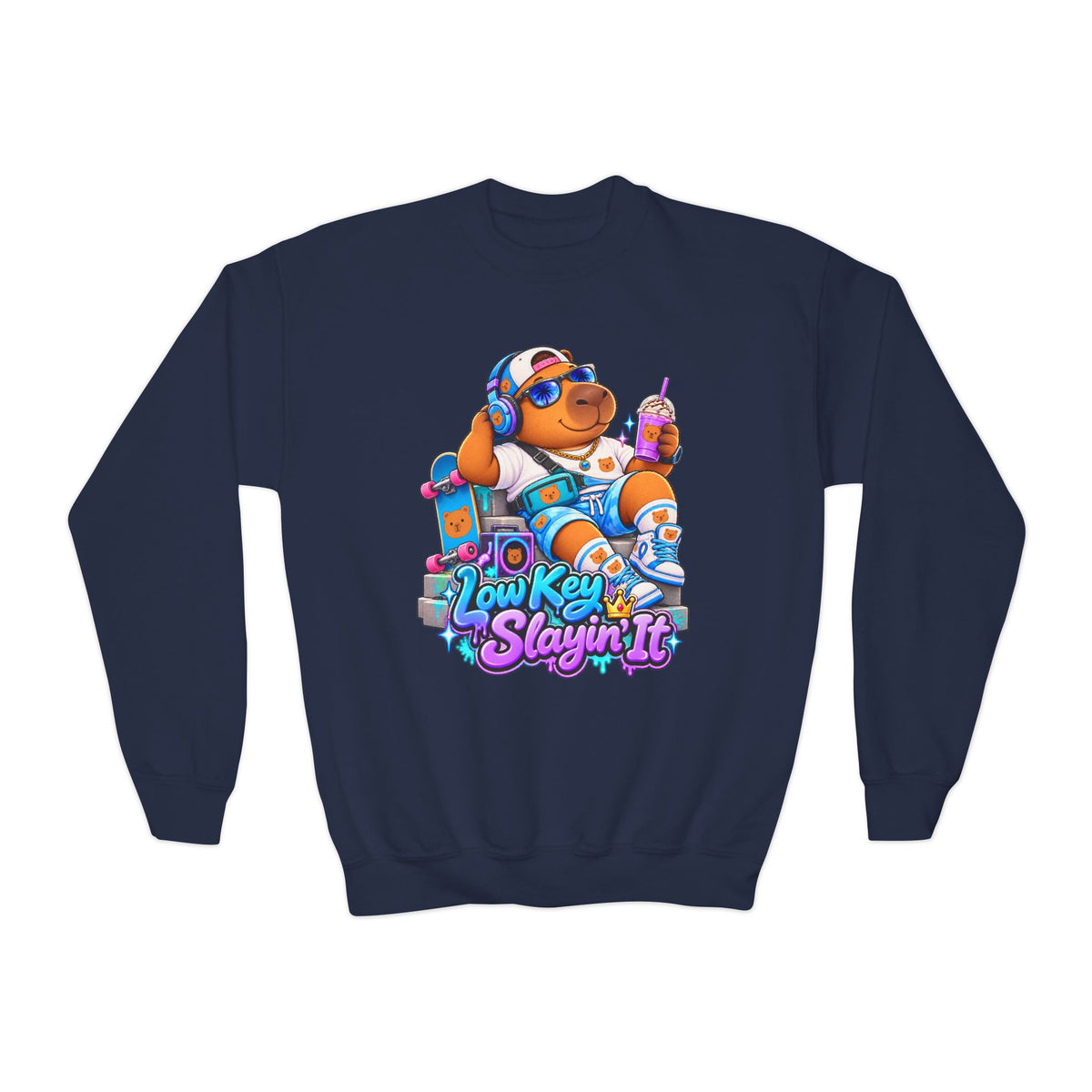 Youth Crewneck Sweatshirt — 'Low Key Slayin' It' Chill Capybara Lounge Pullover