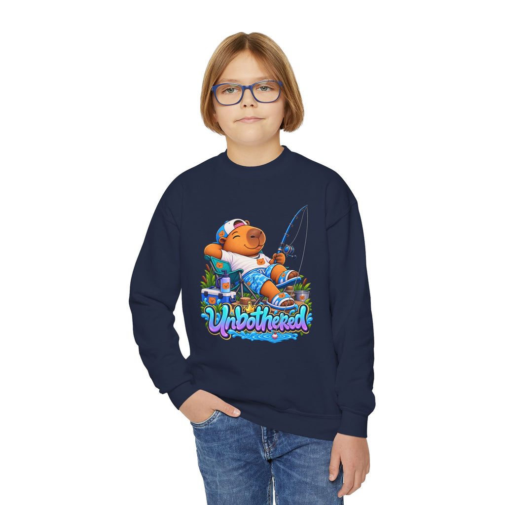 Youth Unbothered Fishing Capybara Crewneck Sweatshirt — "Whoothered" Cute Kids Fishing Graphic