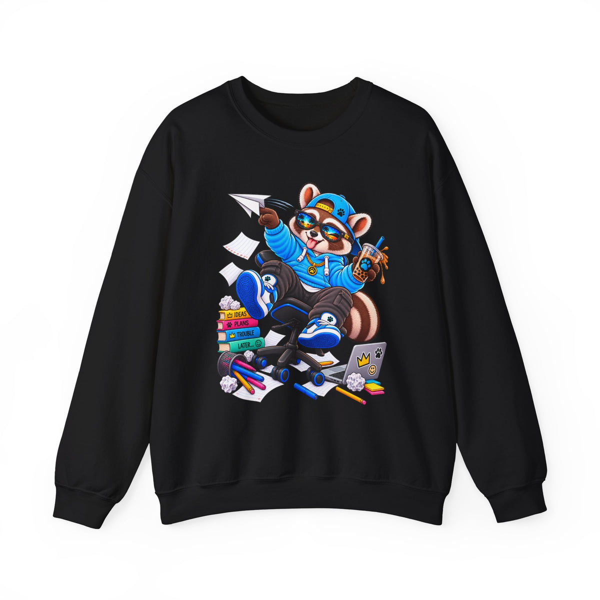 Mischievous Raccoon Crewneck Sweatshirt — Cute Kawaii Cartoon Graphic
