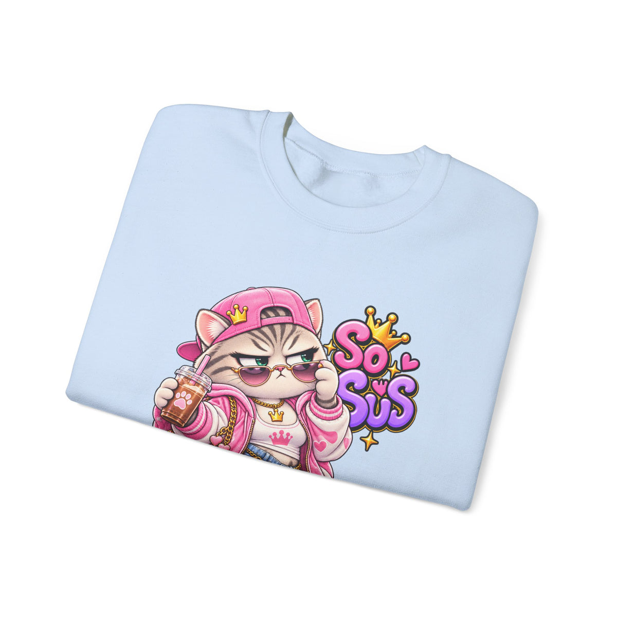 Cute Streetwear Cat Crewneck Sweatshirt — "So Sus" Graphic