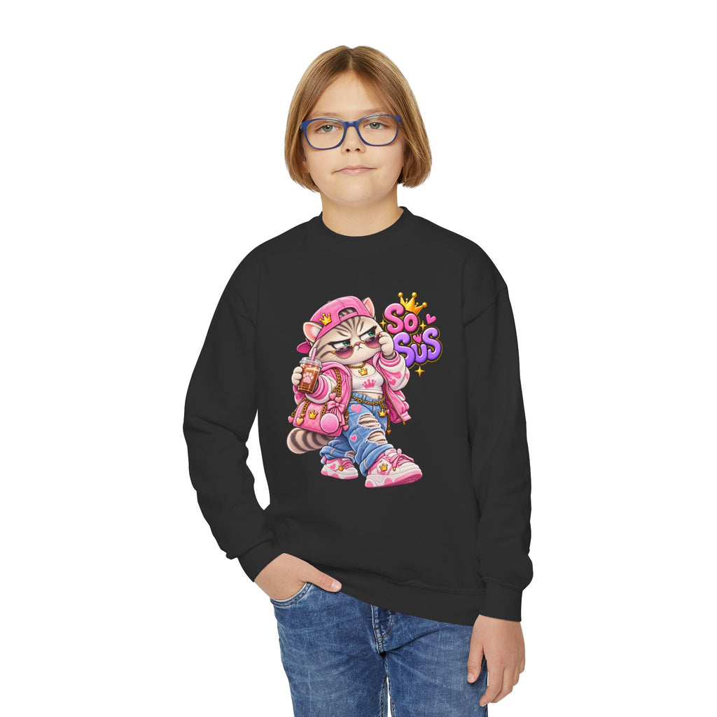 Youth Crewneck Sweatshirt — Cute Cat 'So Sus' Streetwear Graphic