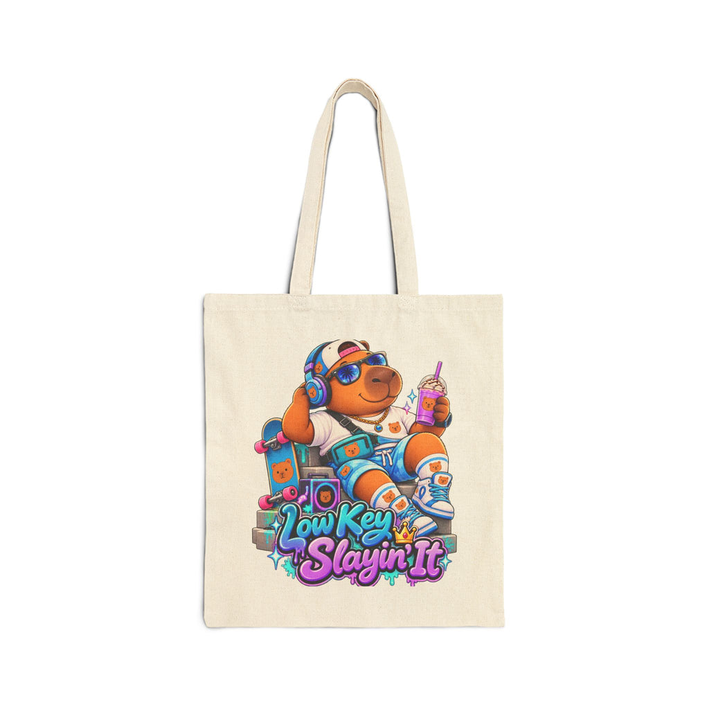 Tote Bag - 'Low Key Slayin' It' Chill Capybara Graphic Canvas Tote