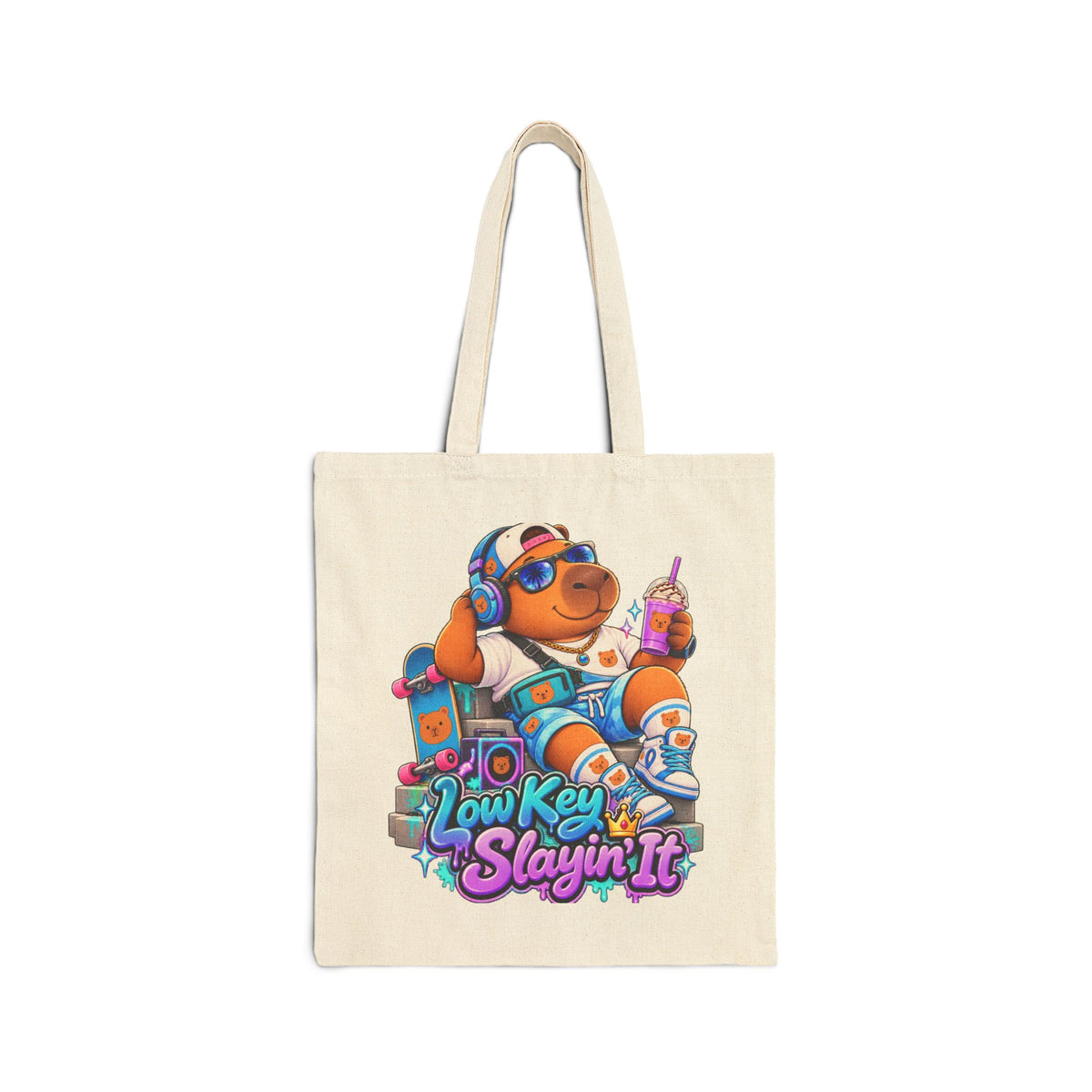 Tote Bag - 'Low Key Slayin' It' Chill Capybara Graphic Canvas Tote