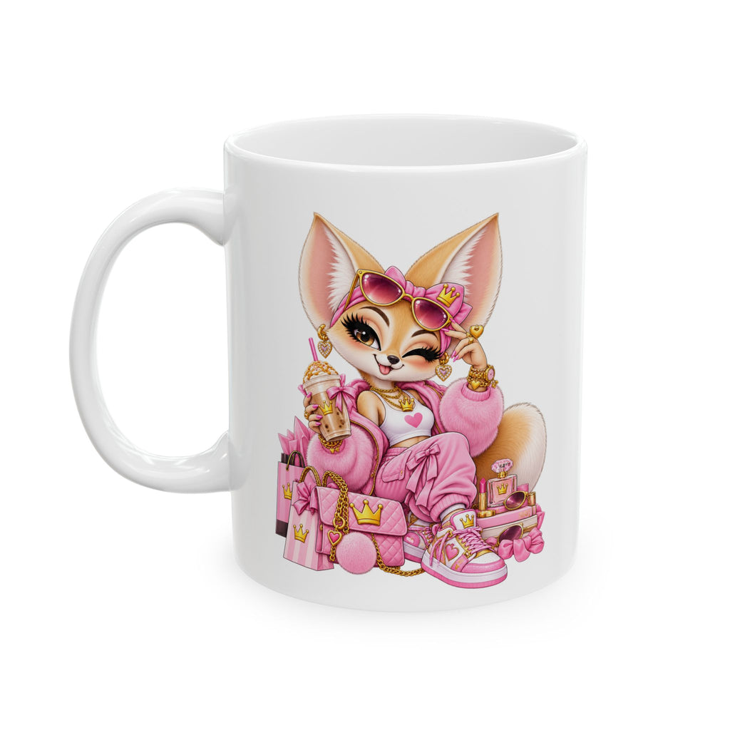 Boujee Fennec Fox Ceramic Mug — Pink Retro Logo Coffee Cup (11oz & 15oz)