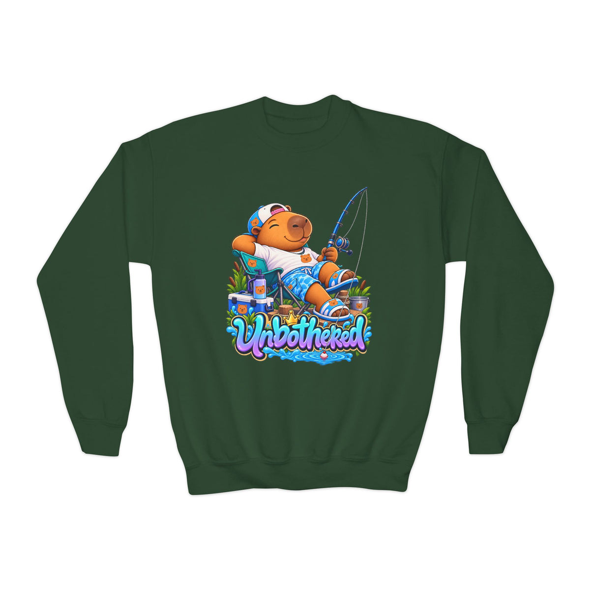 Youth Unbothered Fishing Capybara Crewneck Sweatshirt — "Whoothered" Cute Kids Fishing Graphic