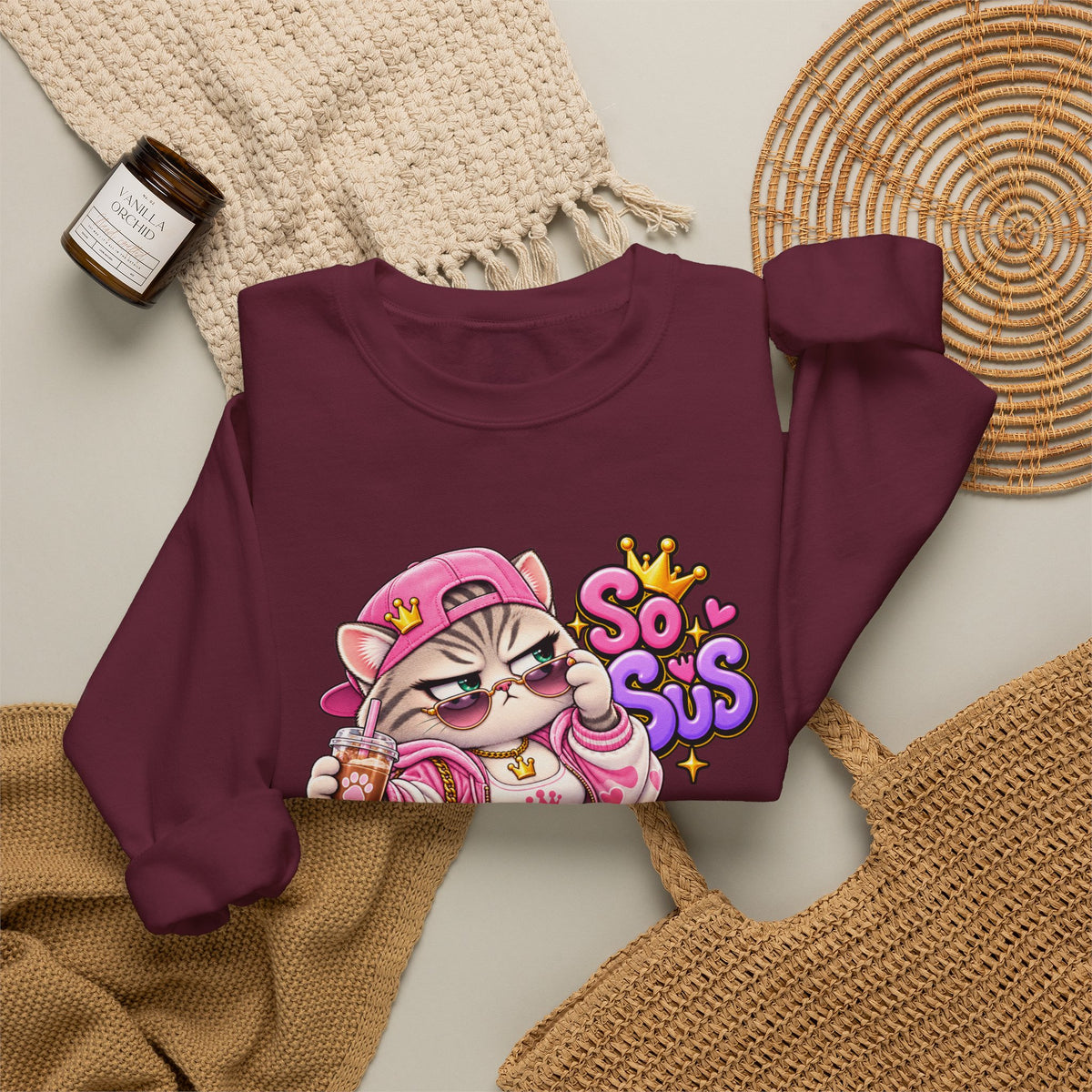 Cute Streetwear Cat Crewneck Sweatshirt — "So Sus" Graphic