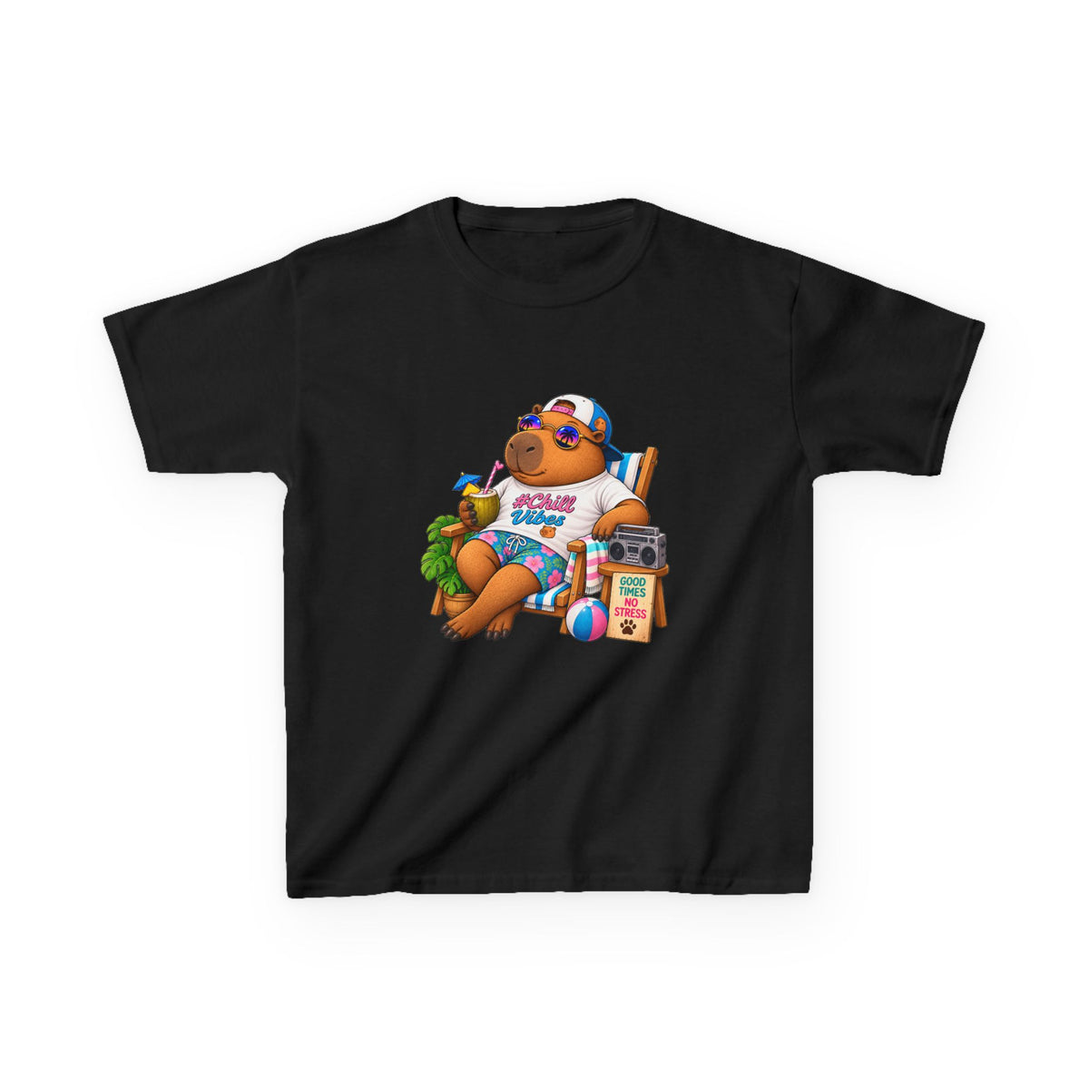 Kids Beach Chill Vibes Capybara Graphic Tee — Relaxing Vacation Cartoon Kid Shirt