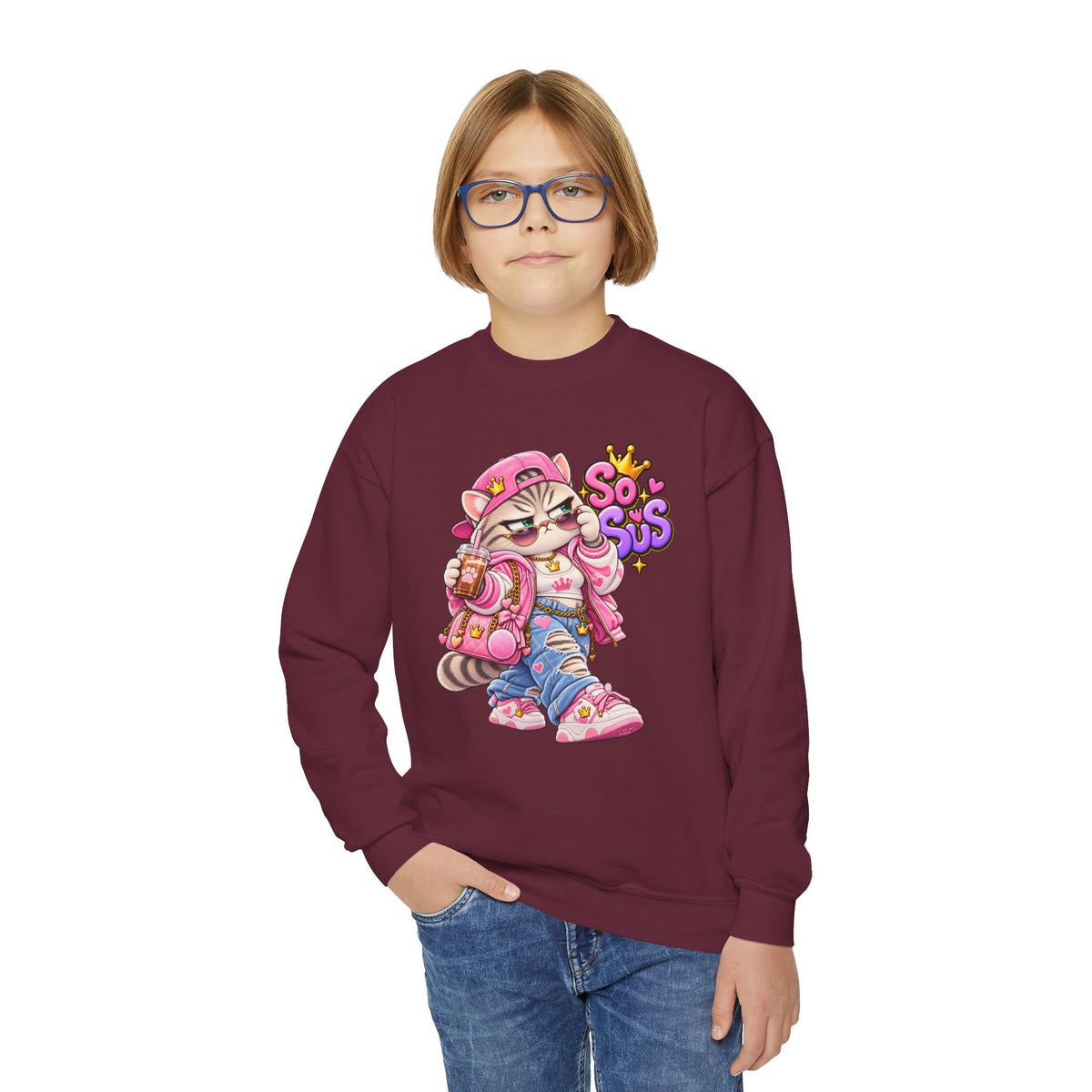 Youth Crewneck Sweatshirt — Cute Cat 'So Sus' Streetwear Graphic