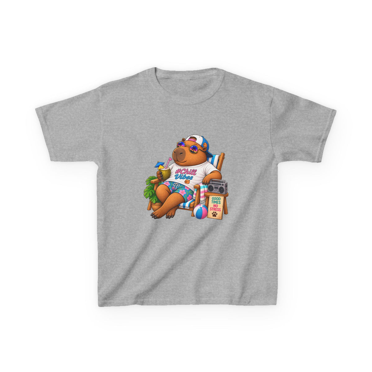 Kids Beach Chill Vibes Capybara Graphic Tee — Relaxing Vacation Cartoon Kid Shirt