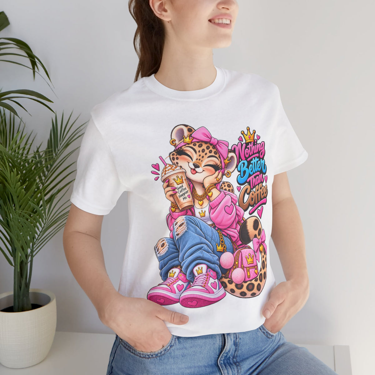 Cute Kawaii Leopard Graphic Tee — Retro Cartoon Chest Print