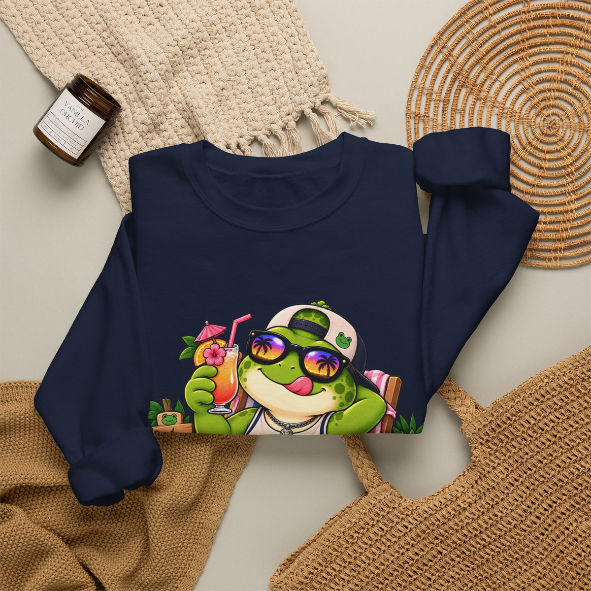 Chill Frog Crewneck Sweatshirt – Relaxed Beach Vibes Graphic Pullover
