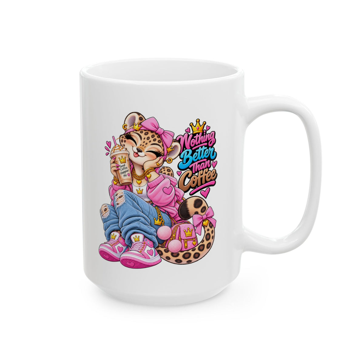 Cute Leopard Coffee Mug — Colorful Retro Girl Illustration (11oz/15oz)