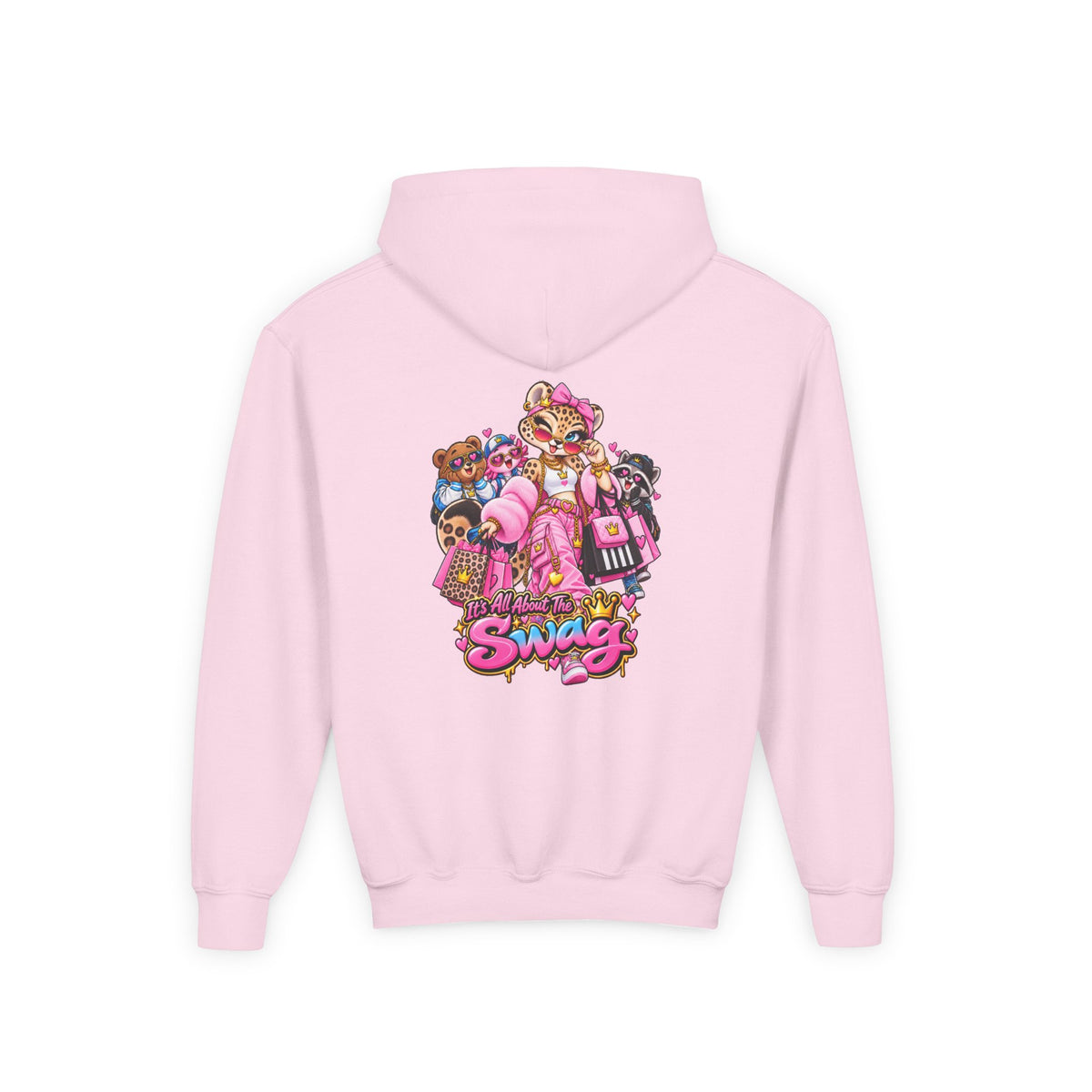 Youth Hoodie — Pink 'Swag' Cartoon Animal Squad Graphic