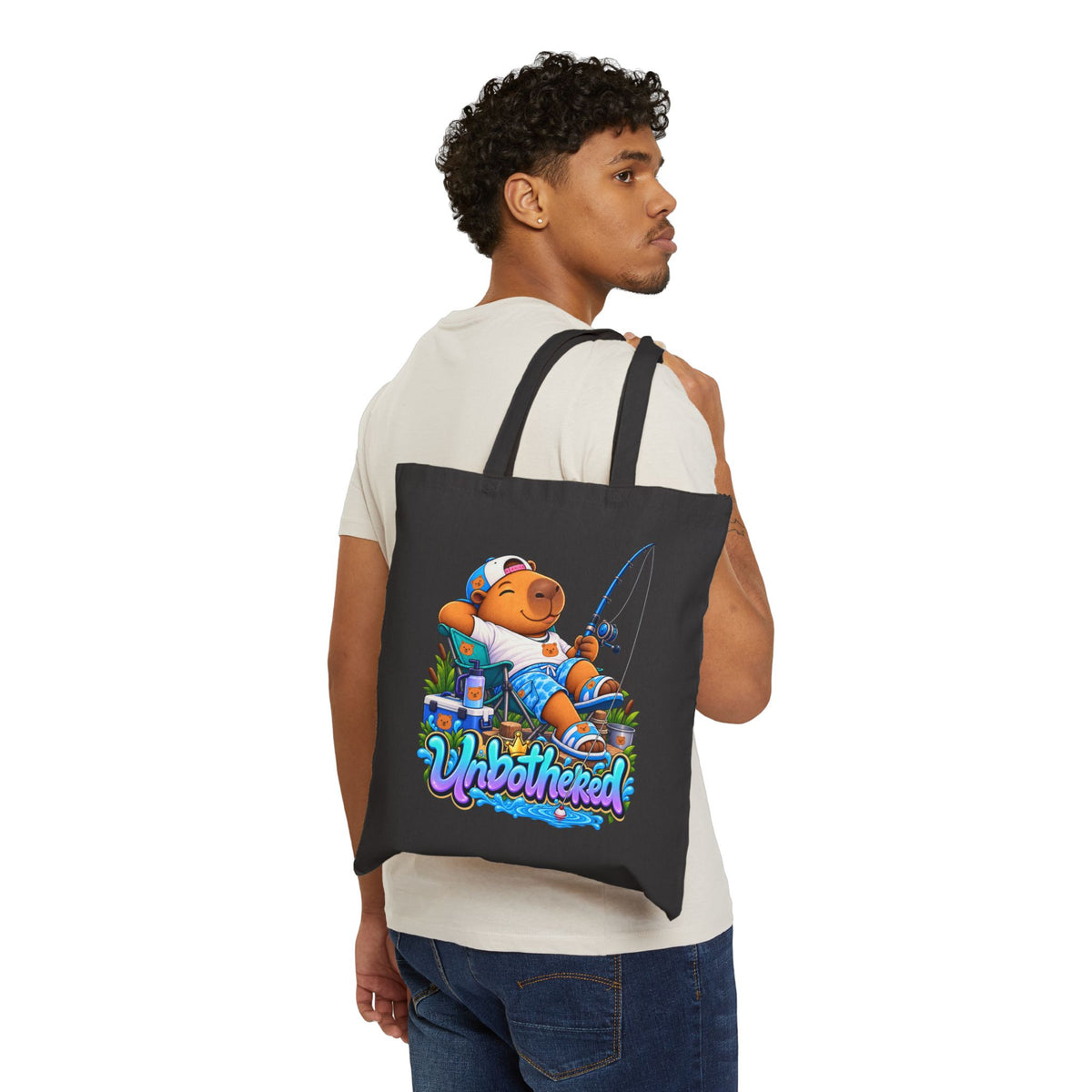 'Unbothered' Fishing Zenzo Capybara Cotton Canvas Tote