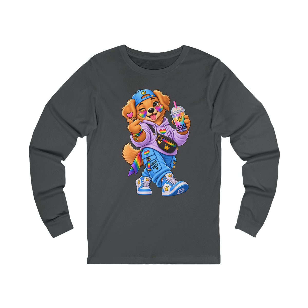 Cartoon Dog Graphic Long Sleeve Tee — "My Wildsona" Colorful Streetwear
