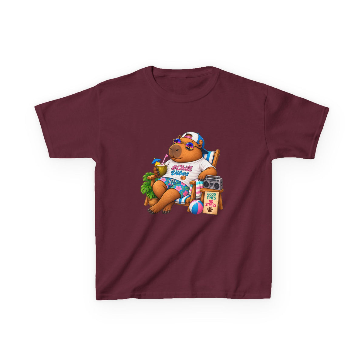Kids Beach Chill Vibes Capybara Graphic Tee — Relaxing Vacation Cartoon Kid Shirt