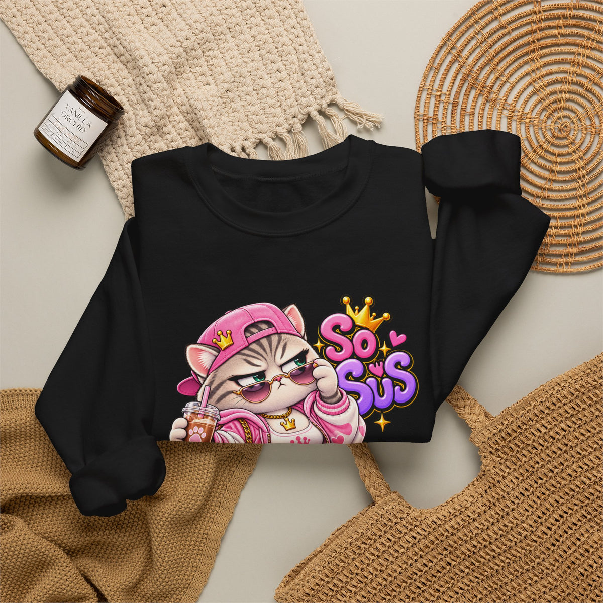 Cute Streetwear Cat Crewneck Sweatshirt — "So Sus" Graphic