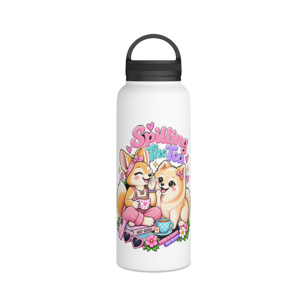 Spilling the Tea Water Bottle — Cute Corgi & Pomeranian Insulated Stainless Steel Bottle with Handle Lid