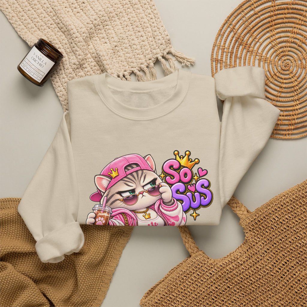 Cute Streetwear Cat Crewneck Sweatshirt — "So Sus" Graphic