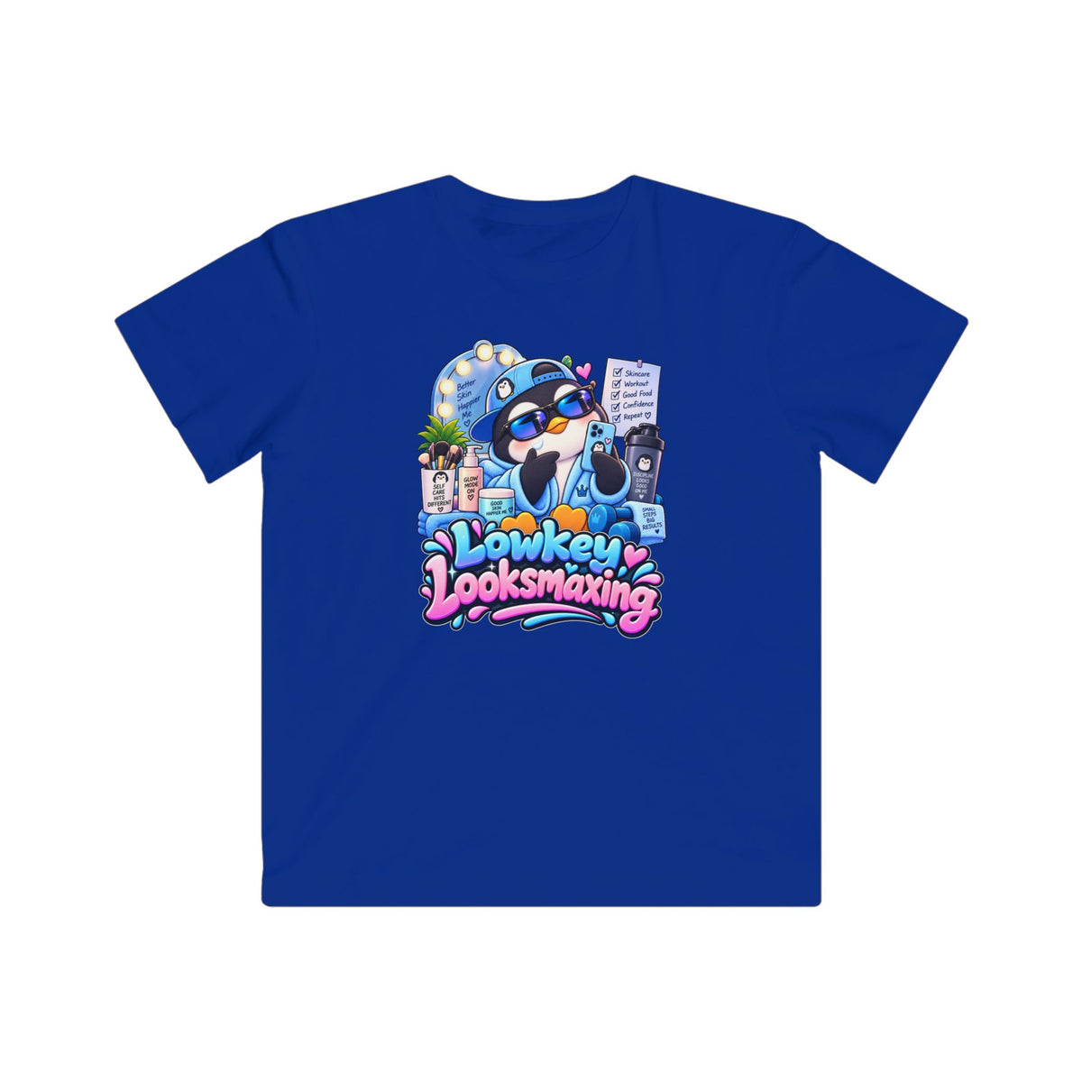 Kids Tee — "Lowkey Looksmaxing" Cute Cartoon Penguin Graphic