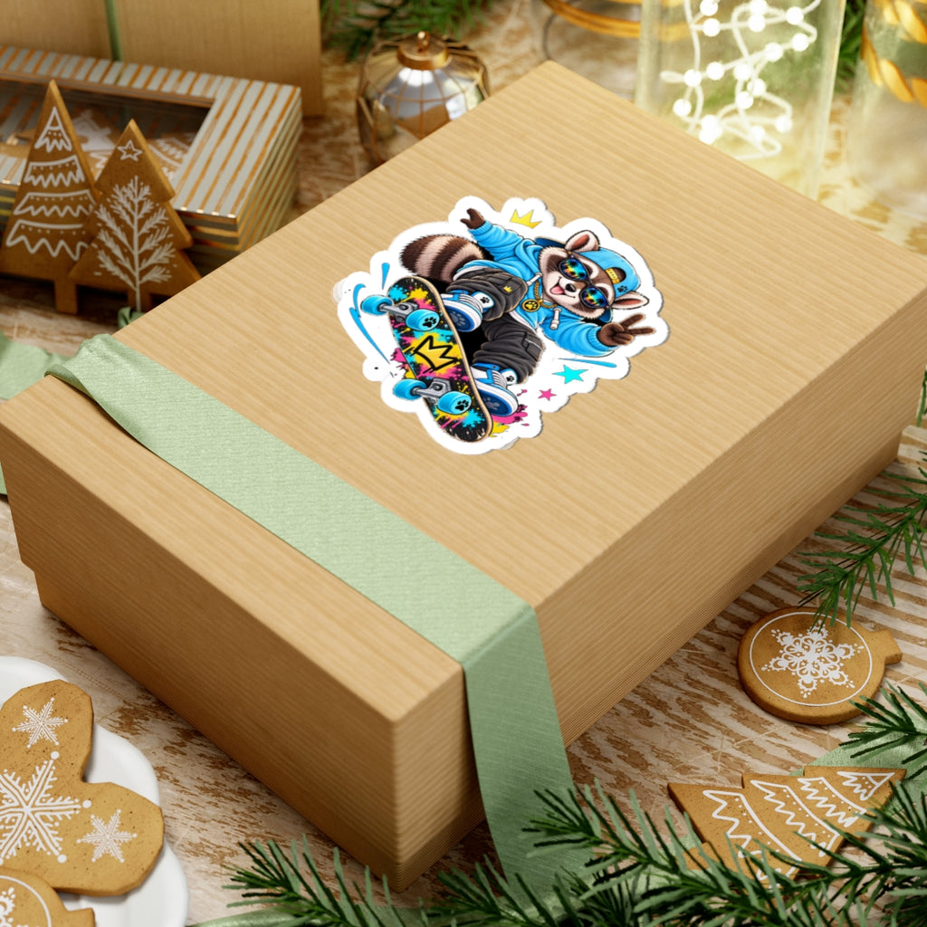 Skateboard Raccoon Kiss-Cut Sticker — Cool Cartoon Laptop Decal