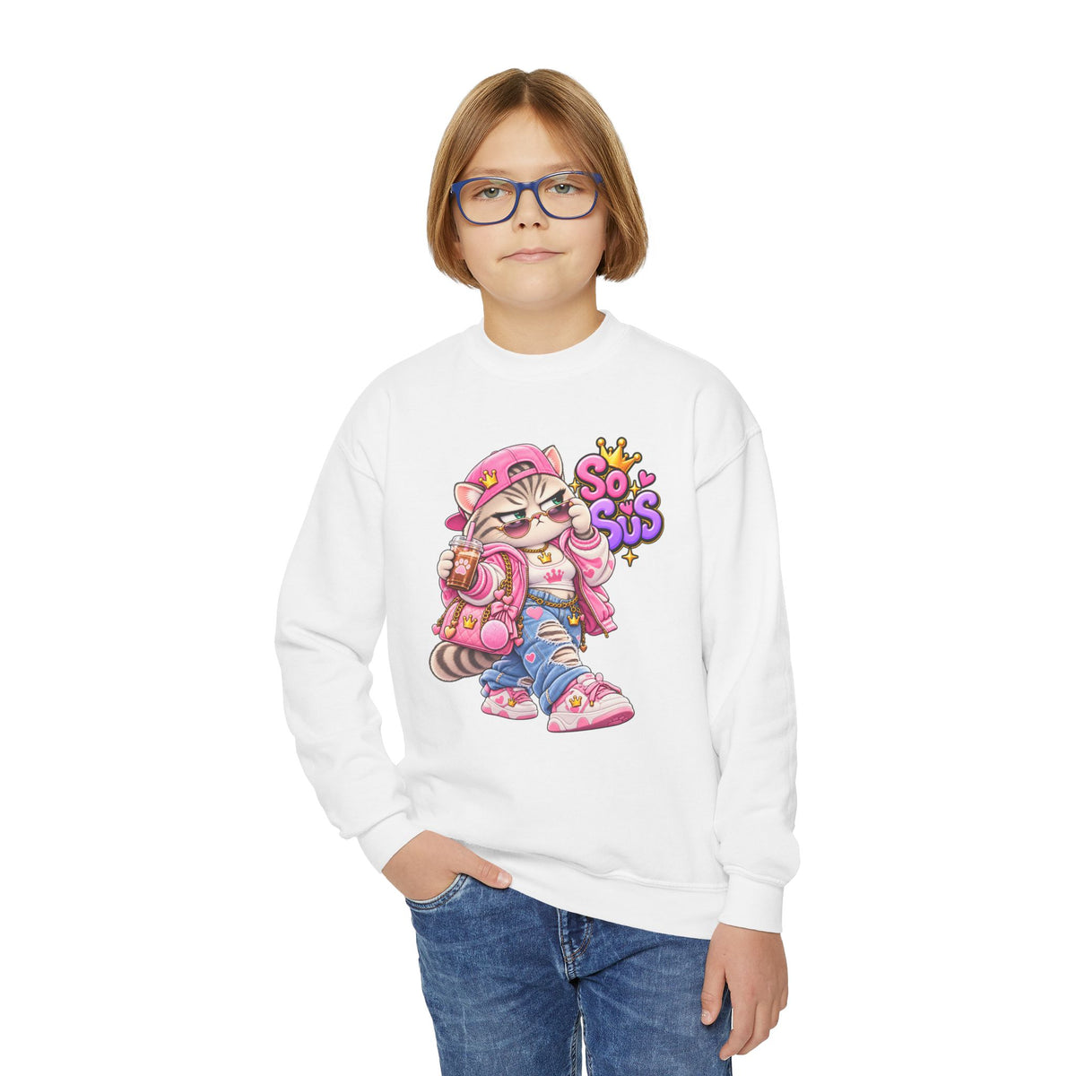 Youth Crewneck Sweatshirt — Cute Cat 'So Sus' Streetwear Graphic