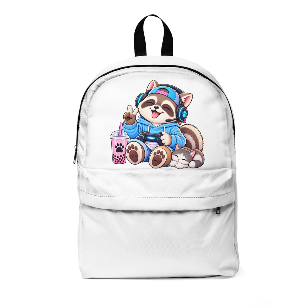 Cute Raccoon Gamer Backpack — Bubble Tea, Headphones & Controller Design