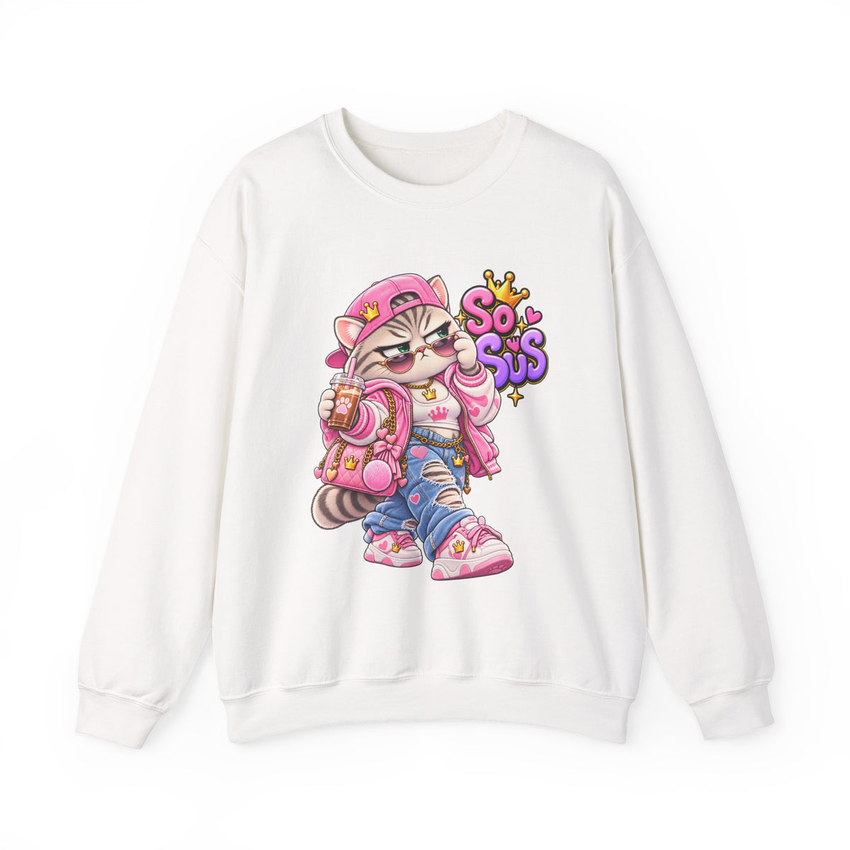 Cute Streetwear Cat Crewneck Sweatshirt — "So Sus" Graphic