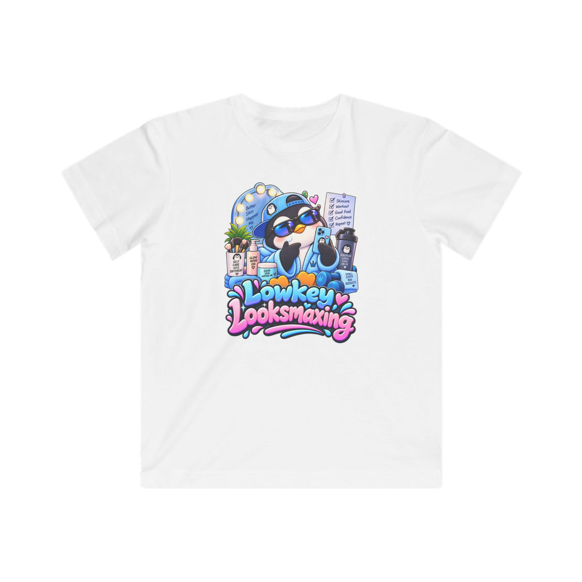 Kids Tee — "Lowkey Looksmaxing" Cute Cartoon Penguin Graphic