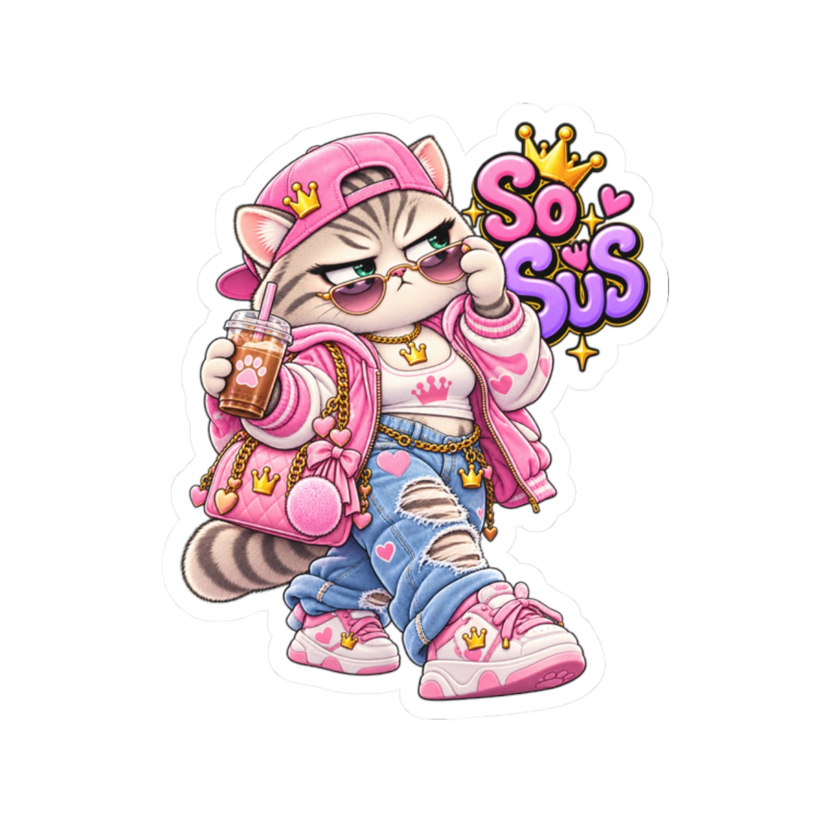 So Sus Cat Sticker — Cute Grumpy Fashion Cat Kiss-Cut Laptop Decal