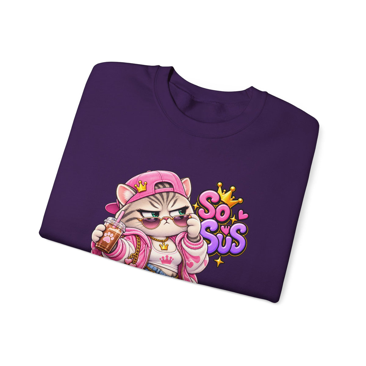 Cute Streetwear Cat Crewneck Sweatshirt — "So Sus" Graphic