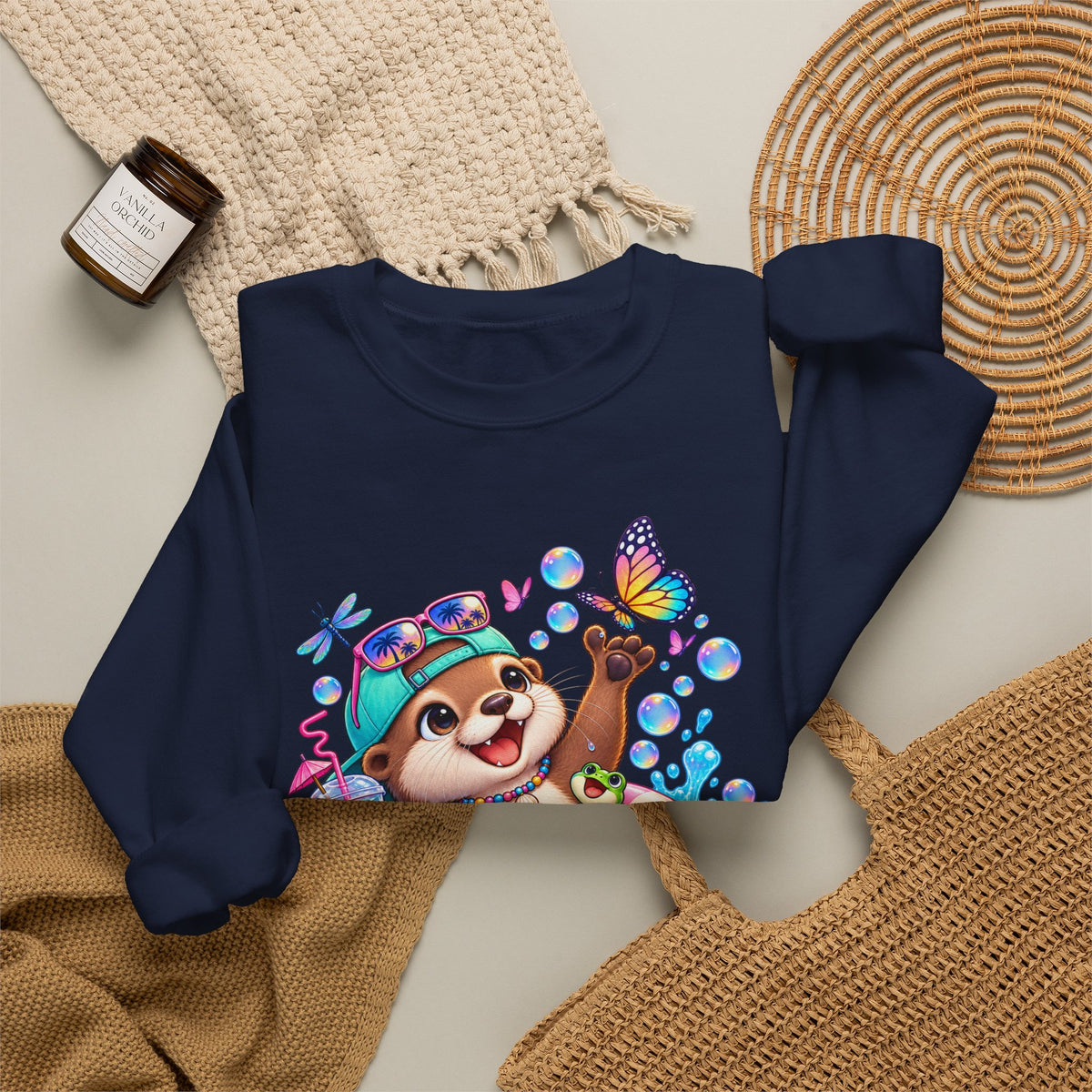 Otter Float Crewneck Sweatshirt — Cute Otter with Butterfly Summer Vibes