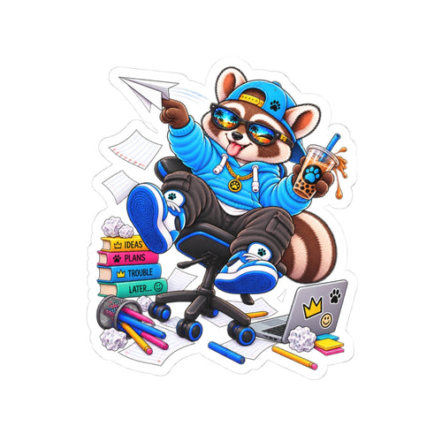 Cool Raccoon Sticker — Skate Office Gamer with Boba & Laptop