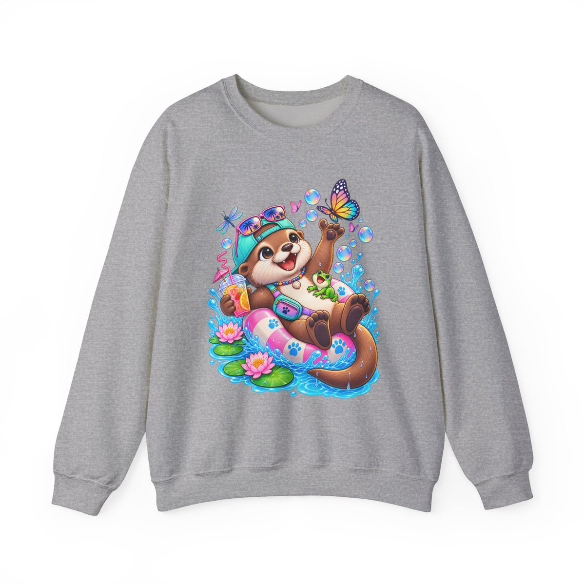 Otter Float Crewneck Sweatshirt — Cute Otter with Butterfly Summer Vibes