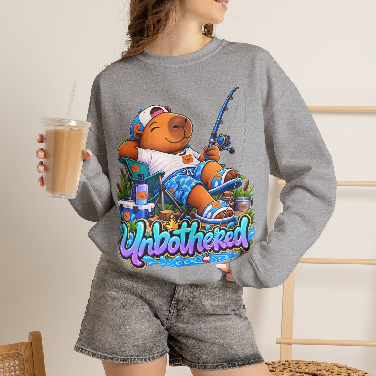 Unbothered Fishing Capybara Crewneck Sweatshirt