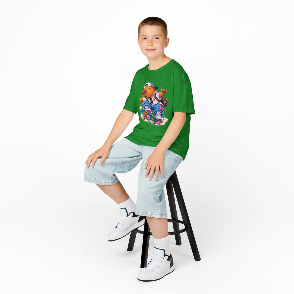 Kids Skateboarding Capybara Tee — Cute Skateboarder Graphic T-Shirt for Boys & Girls