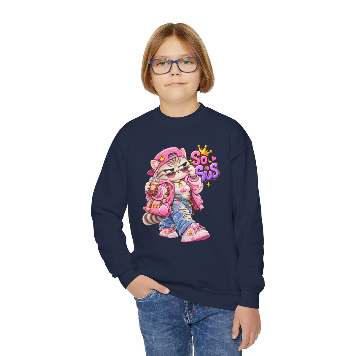 Youth Crewneck Sweatshirt — Cute Cat 'So Sus' Streetwear Graphic